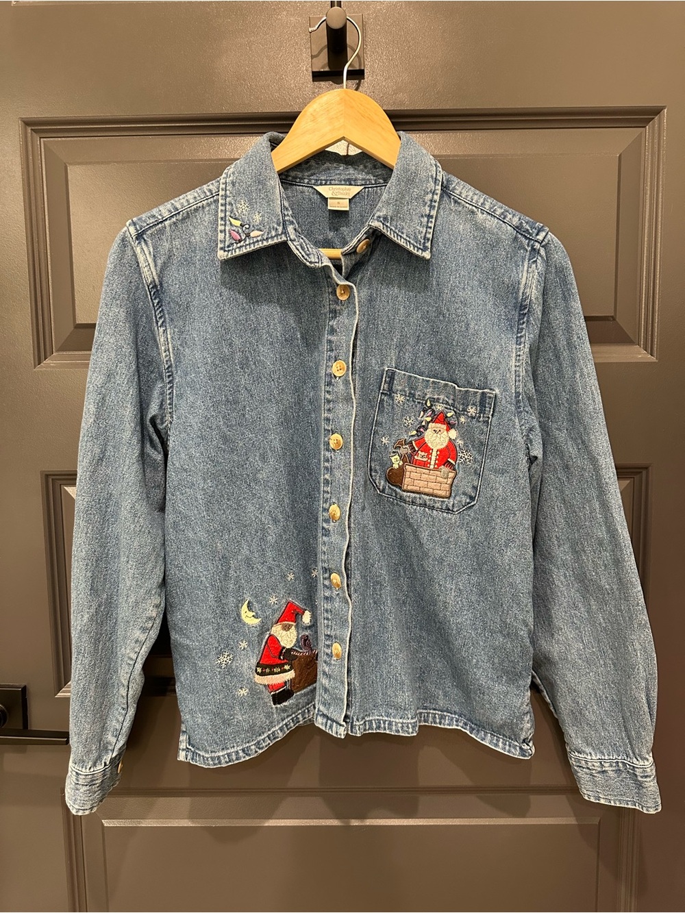 Vintage Denim Shirt with Christmas Embroidery